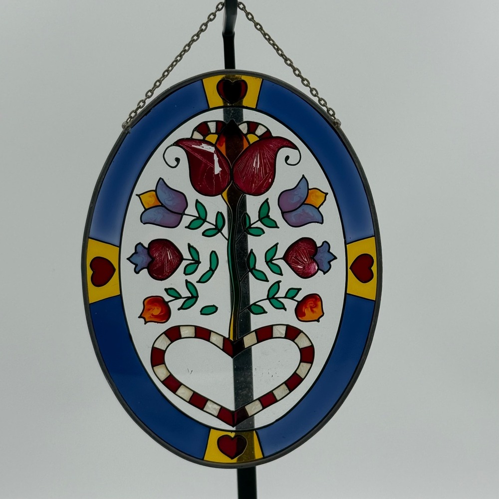 Vintage Oval Stained Glass Suncatcher Folk Art Floral Heart Window Hanging 7x5